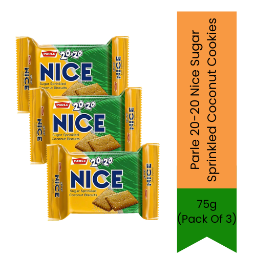 Parle 20-20 Nice Coconut Cookies | 75g x 3 Pack - Crispy Sugar Sprinkled Biscuits for Tea Time Snacking, Delicious Coconut Flavor & Everyday Enjoyment | South Africa | India Bazaar