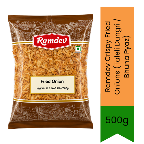 Ramdev Crispy Fried Onions (Taleli Dungri / Bhuna Pyaz) - Golden Crunchy Fried Onion Flakes for Garnishing Biryani, Pulao & Haleem | Ready-to-Use Time-Saving Ingredient for Rich Thick Indian Gravies & Curries | South Africa | India Bazaar