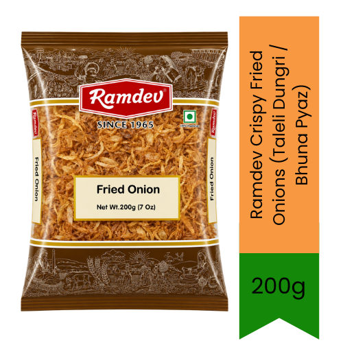 Ramdev Crispy Fried Onions (Taleli Dungri / Bhuna Pyaz) - Golden Crunchy Fried Onion Flakes for Garnishing Biryani, Pulao & Haleem | Ready-to-Use Time-Saving Ingredient for Rich Thick Indian Gravies & Curries | South Africa | India Bazaar
