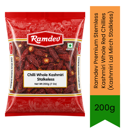 Ramdev Premium Kashmiri Whole Red Chillies (Kashmiri Lal Mirch Stalkless) - Mildly Pungent Dried Pods Perfect for Rich Red Gravies, Tandoori Dishes & Authentic Tempered Tadka | Adds Deep Vibrant Colour | South Africa | India Bazaar