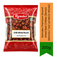 Ramdev Premium Round Dried Red Chillies (Boriya Marcha / Gol Lal Mirch Whole) - Mildly Pungent Button-Shaped Whole Chilli Pods Perfect for Authentic South Indian Tadka, Gujarati Dals & Pickles | Adds Rich Aroma | South Africa | India Bazaar
