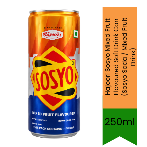 Hajoori Sosyo Mixed Fruit Flavoured Soft Drink Can (Sosyo Soda / Mixed Fruit Drink) | 250ml - Iconic Indian Fizzy Carbonated Refreshment Blend of Apple & Grape Flavors | Sweet & Tangy Teatime Soda | South Africa | India Bazaar