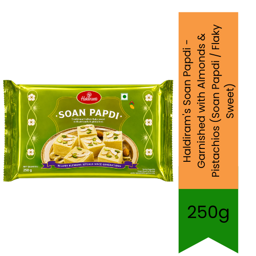 Haldiram's Soan Papdi - Garnished with Almonds & Pistachios (Soan Papdi / Flaky Sweet) | 250g - Authentic Flaky Fluffy Indian Dessert Melt-in-Mouth Sweet Treat for Festivals, Gifting & Teatime | South Africa | India Bazaar