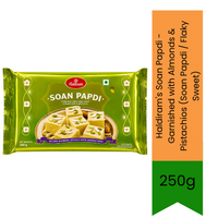 Haldiram's Soan Papdi - Garnished with Almonds & Pistachios (Soan Papdi / Flaky Sweet) | 250g - Authentic Flaky Fluffy Indian Dessert Melt-in-Mouth Sweet Treat for Festivals, Gifting & Teatime | South Africa | India Bazaar