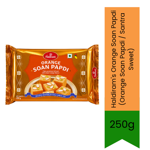 Haldiram's Orange Soan Papdi (Orange Soan Papdi / Santra Sweet) | 250g - Authentic Citrus Flavored Flaky Indian Dessert Treat | Melt-in-Mouth Fluffy Mithai for Festive Gifting, Celebrations & Teatime Snacks | South Africa | India Bazaar