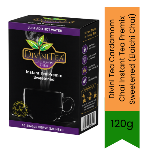 Divini Tea Cardamom Chai Instant Tea Premix Sweetened (Elaichi Chai) | 120g - Rich & Creamy 3-in-1 Cardamom Milk Tea Powder, Ready-in-Minutes Cafe Style Drink | South Africa | India Bazaar