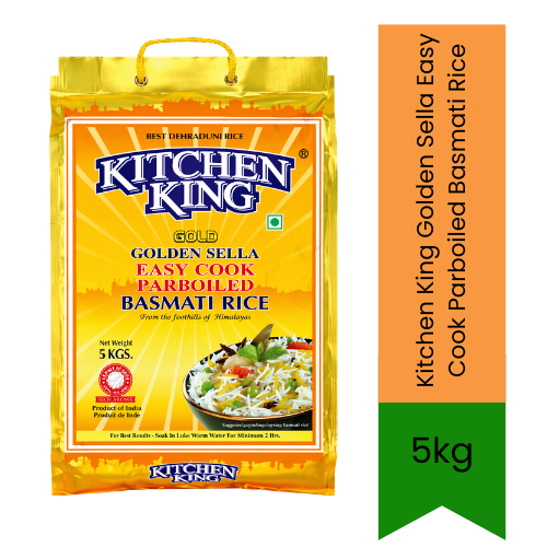 Kitchen King Golden Sella Easy Cook Parboiled Basmati Rice (Sella Basmati Chawal) | 5kg - Ideal for Biryani & Everyday Meals, Easy Cooking & Long Separate Grains | South Africa | India Bazaar