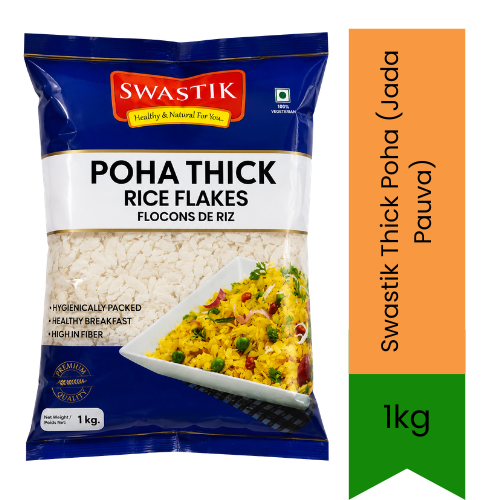 Swastik Thick Poha (Jada Pauva) | 1kg - Premium Quality Flattened Rice Flakes | Perfect For Savoury Breakfast Dishes & Roasted Chivda Namkeen | South Africa | India Bazaar