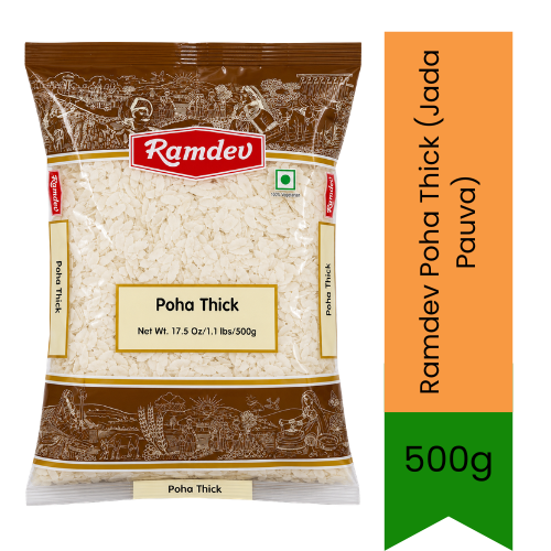 Ramdev Poha Thick (Jada Pauva) | 500g - Premium Flatted beaten Rice Flakes | Ideal for Making Traditional Spiced Breakfast Kanda Batata Poha | South Africa | India Bazaar