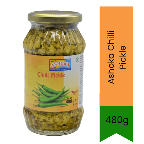 Ashoka Chilli Pickle (Hari Mirch Ka Chatpata Achar) | 480g - Sharp Spicy Sliced Hot Green Peppers Cured in Mustard Seeds, Adds Pungent Bite to Flatbreads | South Africa | India Bazaar