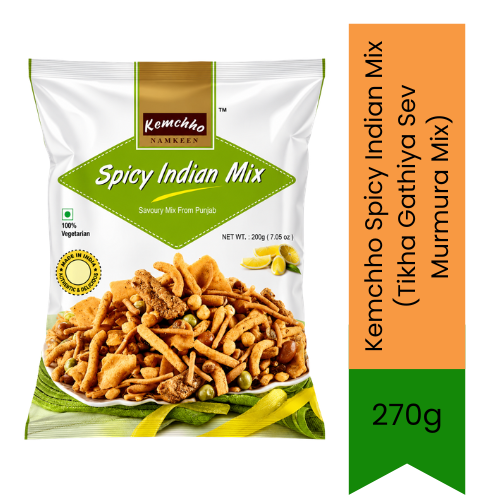 Kemchho Spicy Indian Mix (Tikha Gathiya Sev Murmura Mix) | 270g - Crunchy Ready-to-Eat Savoury Farsan for Afternoon Chai Snacking | Delivers an Authentic Zesty Masala Flavour Packaged for Freshness | South Africa | India Bazaar