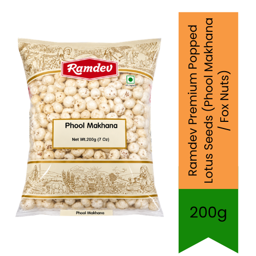 Ramdev Premium Popped Lotus Seeds (Phool Makhana / Fox Nuts) | 200g - Light & Crunchy Gluten-Free Superfood Snack Ideal for Vrat Fasting & Dieting | Nutrient-Rich Roasted Puff to Boost Daily Energy & Heart Health | South Africa | India Bazaar