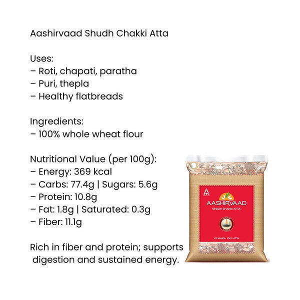 Aashirvaad Shudh Chakki Atta – 100% Pure Whole Wheat Flour, Stone-Ground Perfection|BB:24.OCT.2025