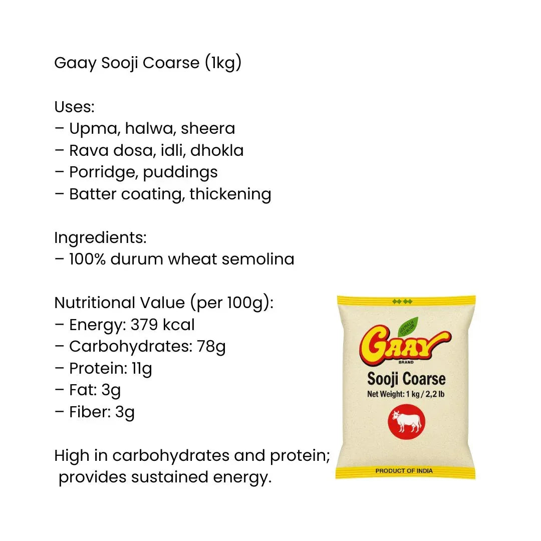 Gaay Sooji Coarse / Coarse Semolina / Rava 1Kg| Best Value, Hearty Texture & Filling Meals | Perfect for Breakfast, Baking & Cooking | South Africa | India Bazaar
