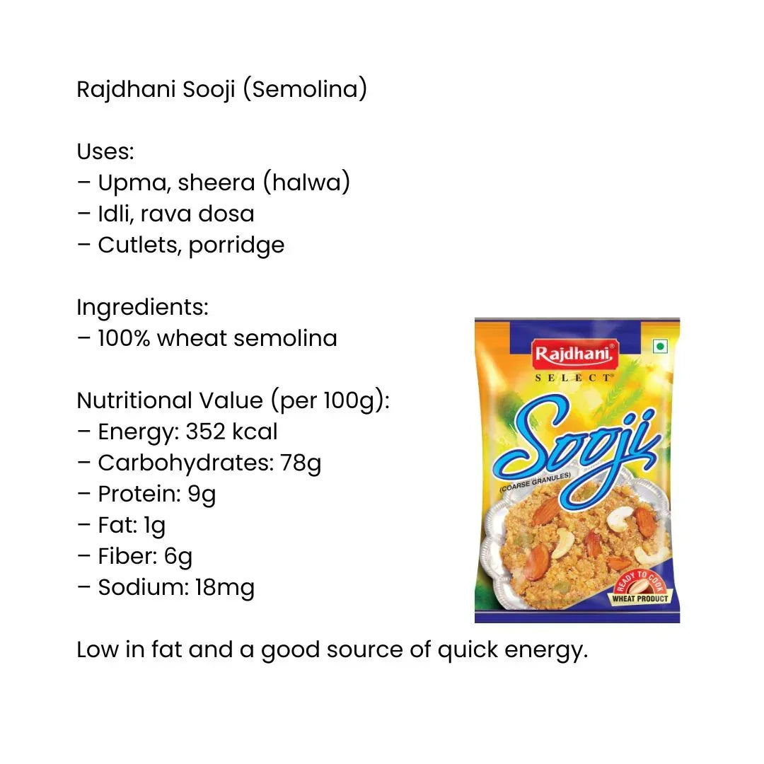 Rajdhani Sooji 1kg (Semolina / Rava) | Best Value, Smooth Texture & Versatile | Perfect for Baking, Breakfast & Cooking | South Africa | India Bazaar
