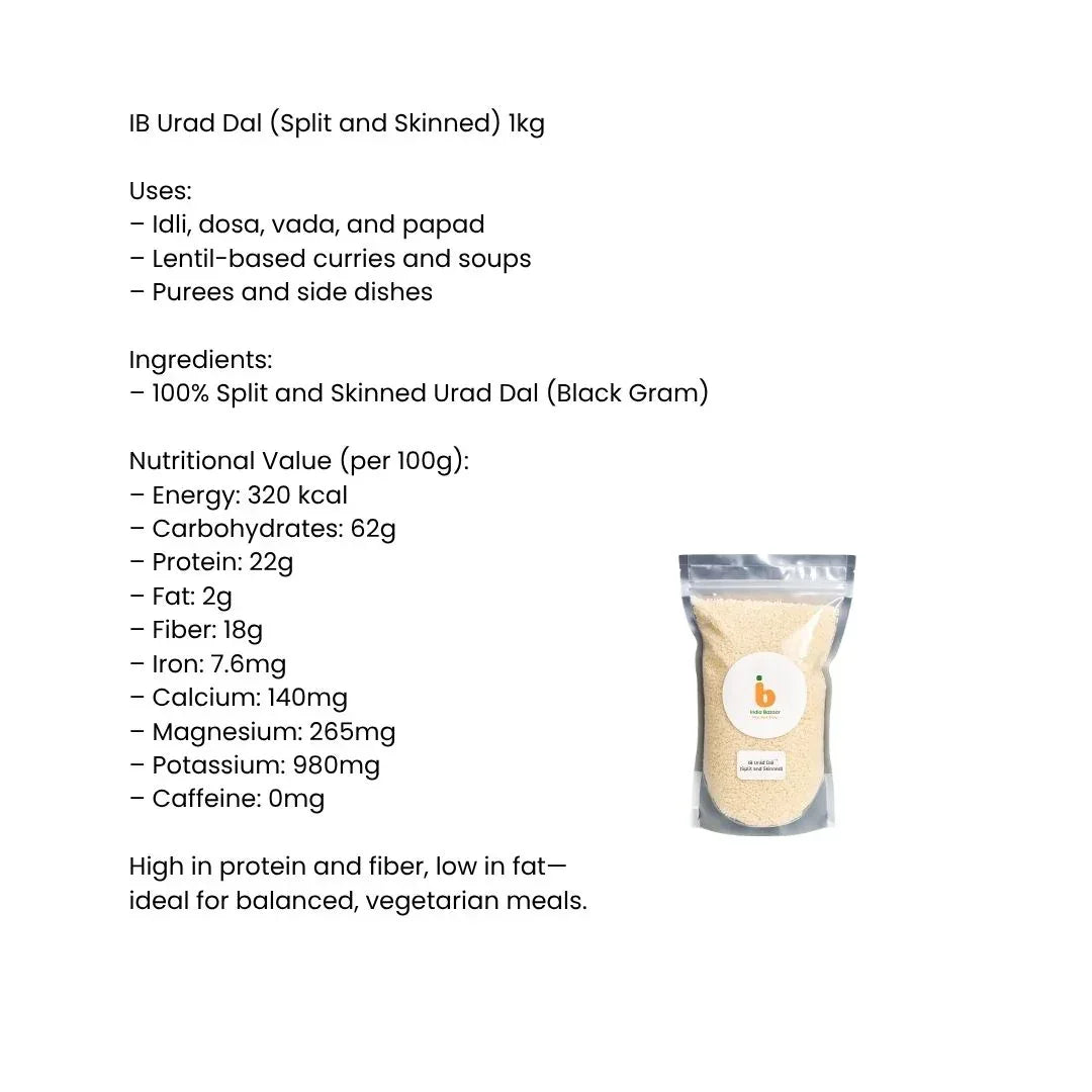 IB Split Skinned White Lentils (Urad Dal Split) | 1kg - Quick-Cooking Creamy Gram for Daily Creamy Dal Tadka, Soups & Savoury Vada Batters | South Africa | India Bazaar