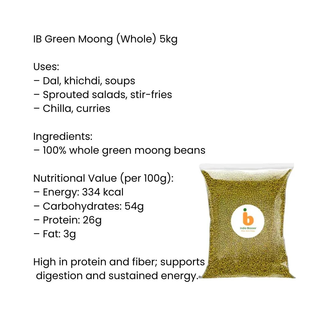 IB Whole Green Beans 5kg (Green Gram / Moong) | Smart Saver, High Protein & Nutrient Rich | Perfect for Sprouts, Curries & Meals | South Africa | India Bazaar