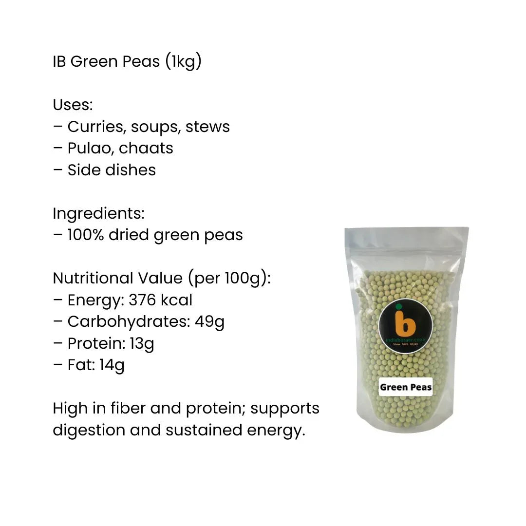 IB Green Peas | 1kg – Dried Green Peas, Whole Matar, Green Boontjies, Plant Protein Legumes, India Bazaar South Africa.