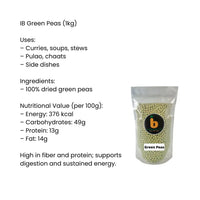 IB Green Peas | 1kg – Dried Green Peas, Whole Matar, Green Boontjies, Plant Protein Legumes, India Bazaar South Africa.