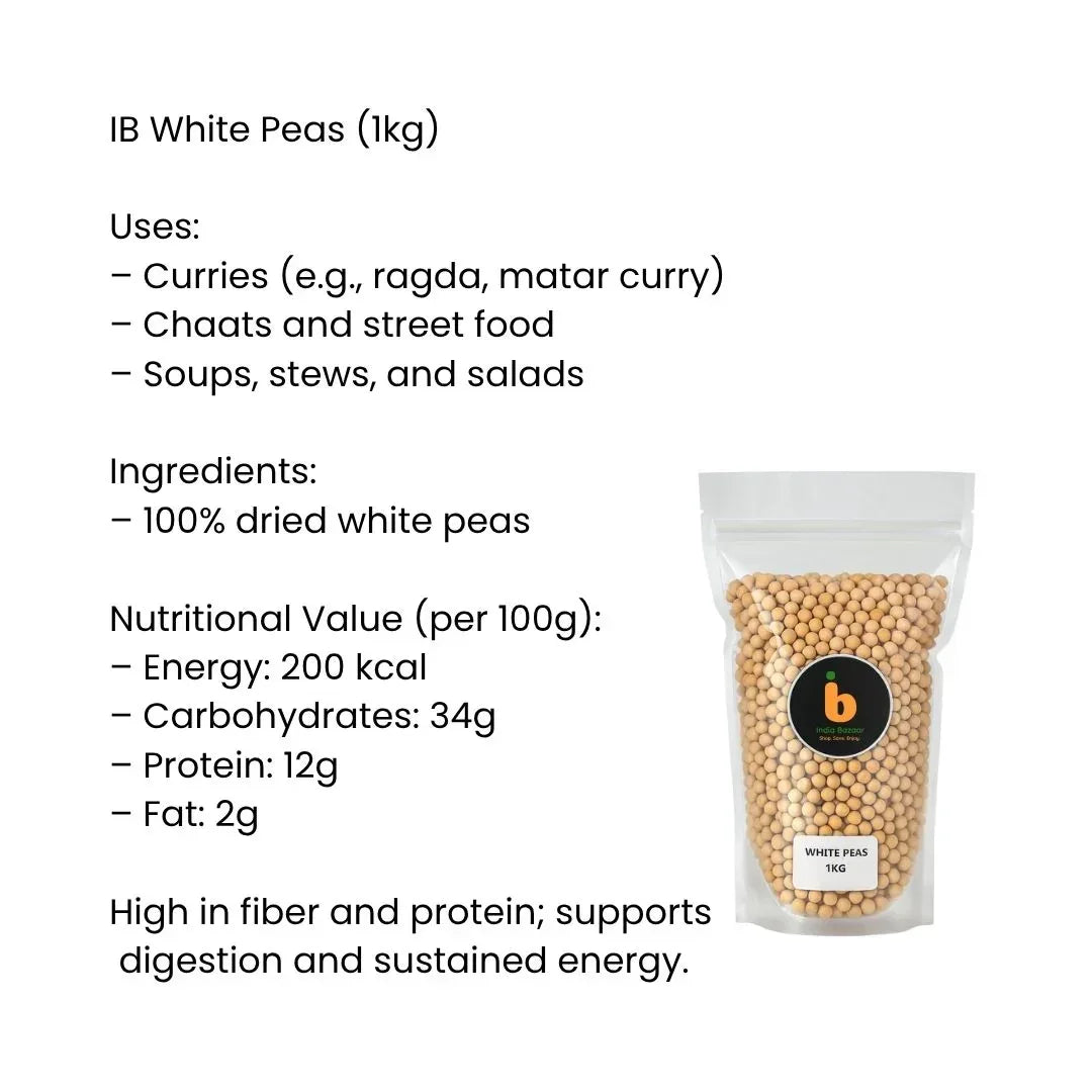 IB Dried White Peas (Safed Vatana / White Boontjies) | 1kg - Fiber-Rich Whole Legumes for Mumbai Street-Style Ragda Pattice & Chatpata Chaat Curries | South Africa | India Bazaar