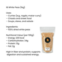 IB Dried White Peas (Safed Vatana / White Boontjies) | 1kg - Fiber-Rich Whole Legumes for Mumbai Street-Style Ragda Pattice & Chatpata Chaat Curries | South Africa | India Bazaar