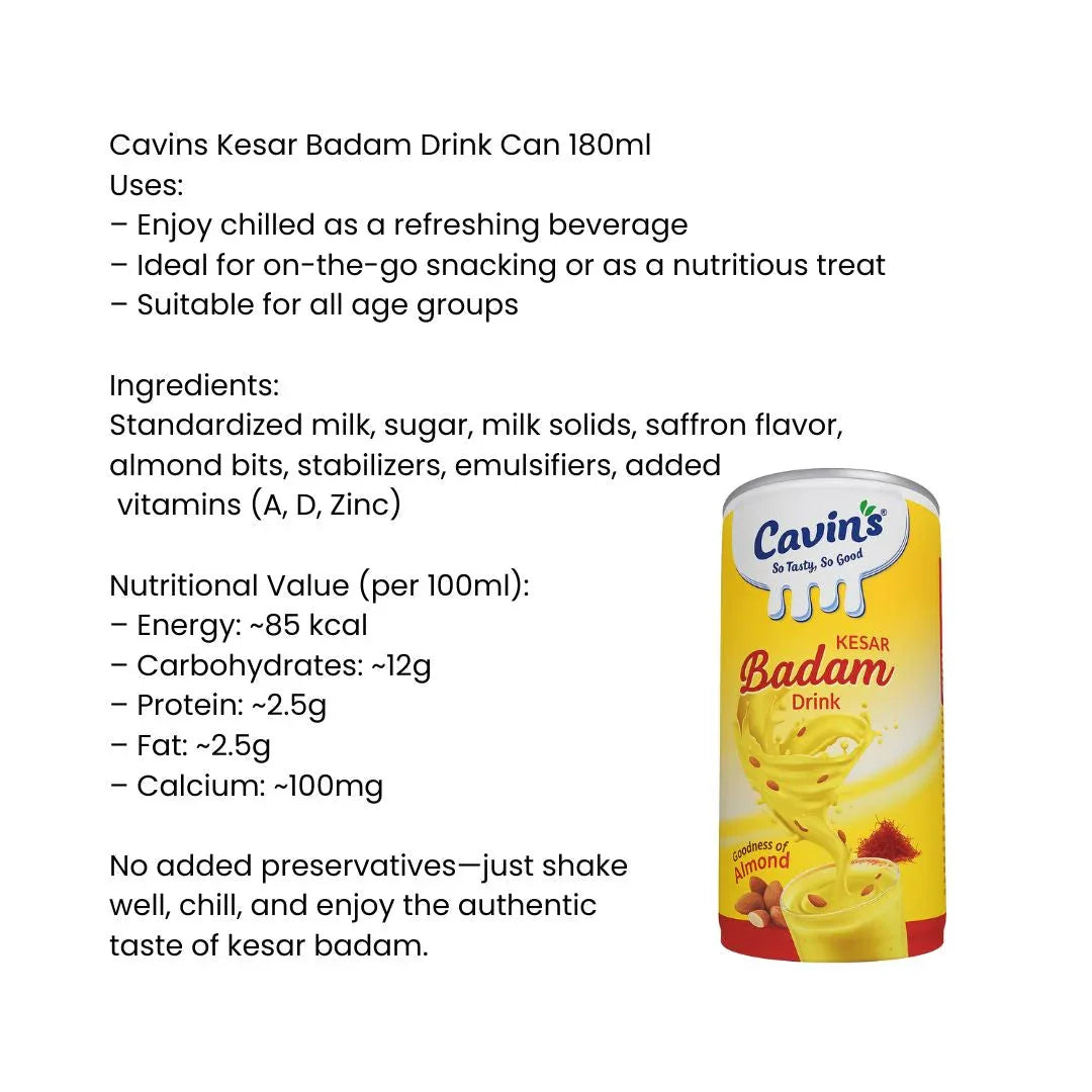 Cavins Kesar Badam Drink (Saffron Almond Milk) | 180ml Can - Premium Flavored Milk Beverage, Rich Creamy Refreshment & Energy Booster | South Africa | India Bazaar