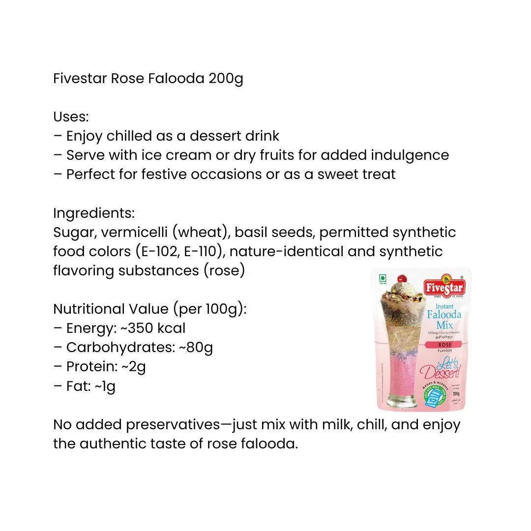Fivestar Rose Falooda Instant Mix (Gulab Dessert Drink) | 200g - Floral Sweet Indian Cold Beverage Blend, Ultimate Soothing Coolant | South Africa | India Bazaar