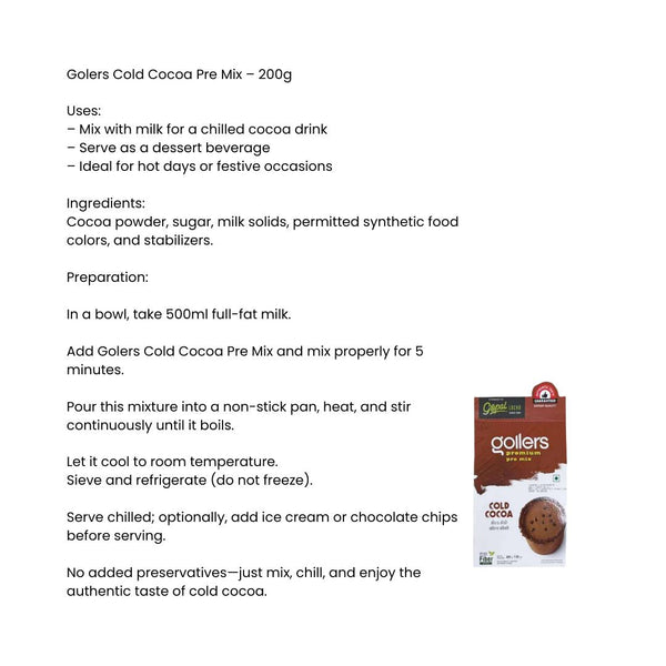 Golers Cold Cocoa Pre Mix – 200g | Makes 6 Glasses | Rich & Creamy |BB:02.FEB.2026