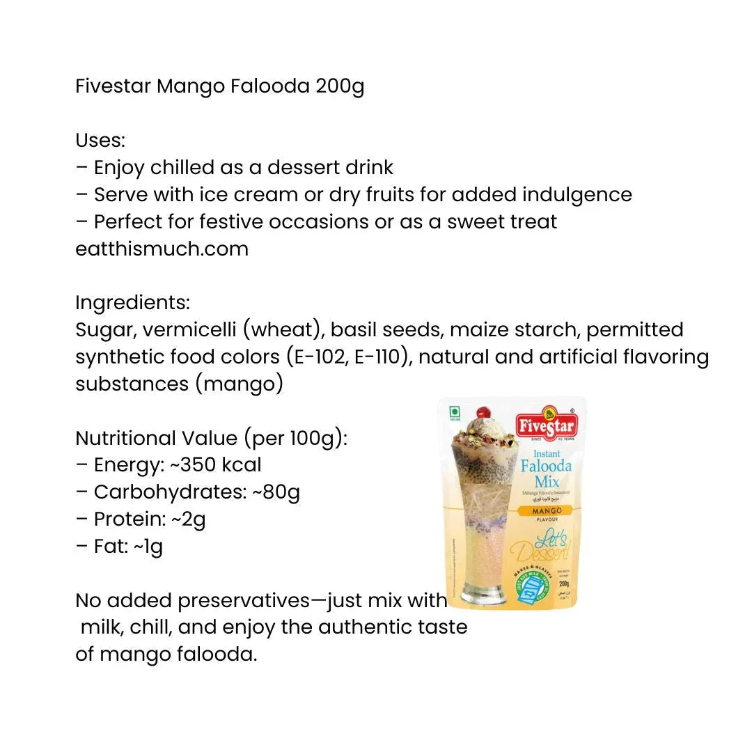 Fivestar Mango Falooda Instant Mix (Mango Dessert Drink) | 200g - Fruity Summer Indian Milkshake Blend, Quick Refreshing Treats | South Africa | India Bazaar