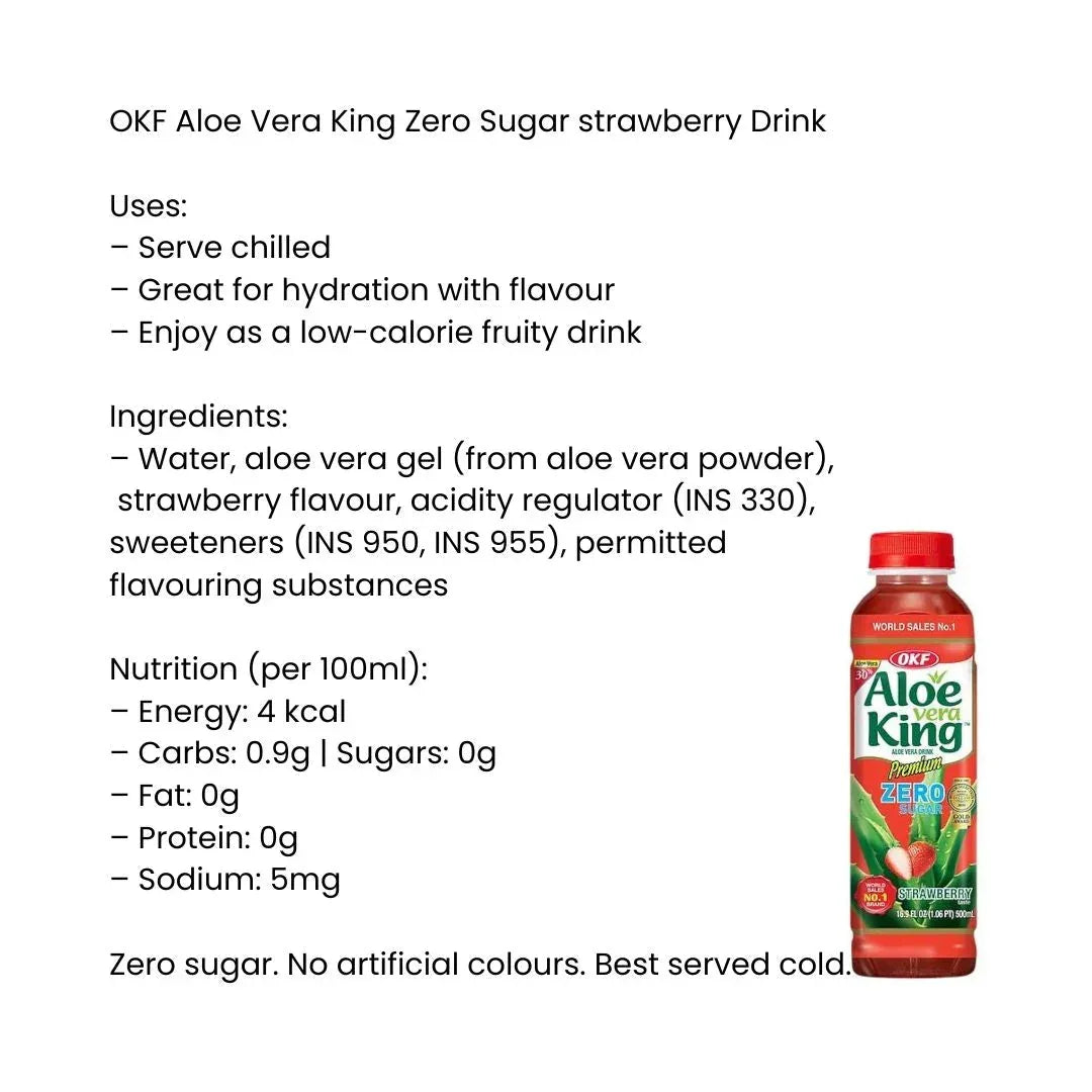 OKF Aloe Vera King Zero Sugar Strawberry Drink | 500ml - Diet-Friendly Fruity Juice Beverage, No Sugar Added Hydration with Aloe Pulp | South Africa | India Bazaar
