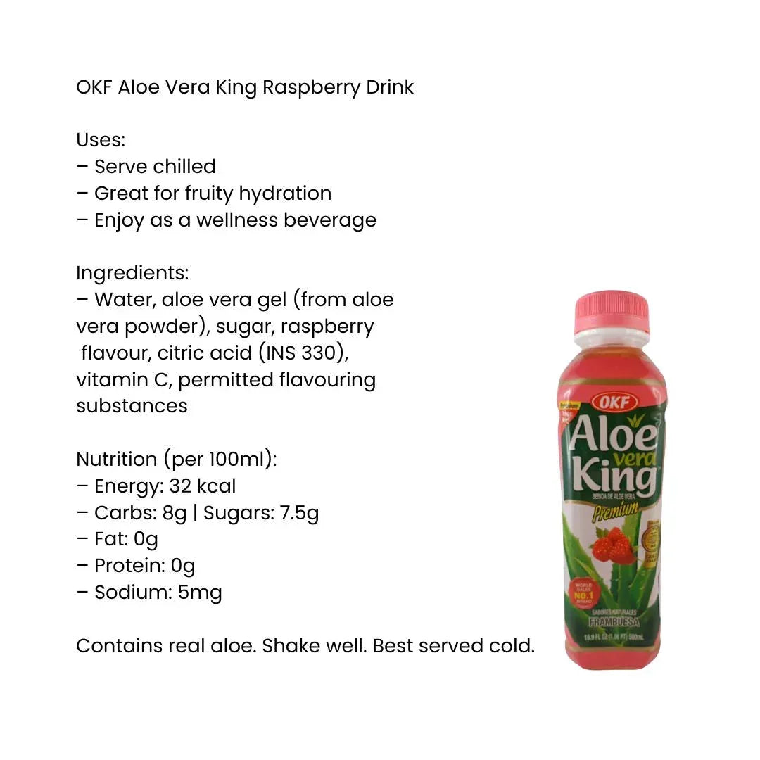 OKF Aloe Vera King Raspberry Drink | 500ml - Tart Sweet Berry Juice Beverage with Real Aloe Vera Pulp Gel, Premium Hydration | South Africa | India Bazaar
