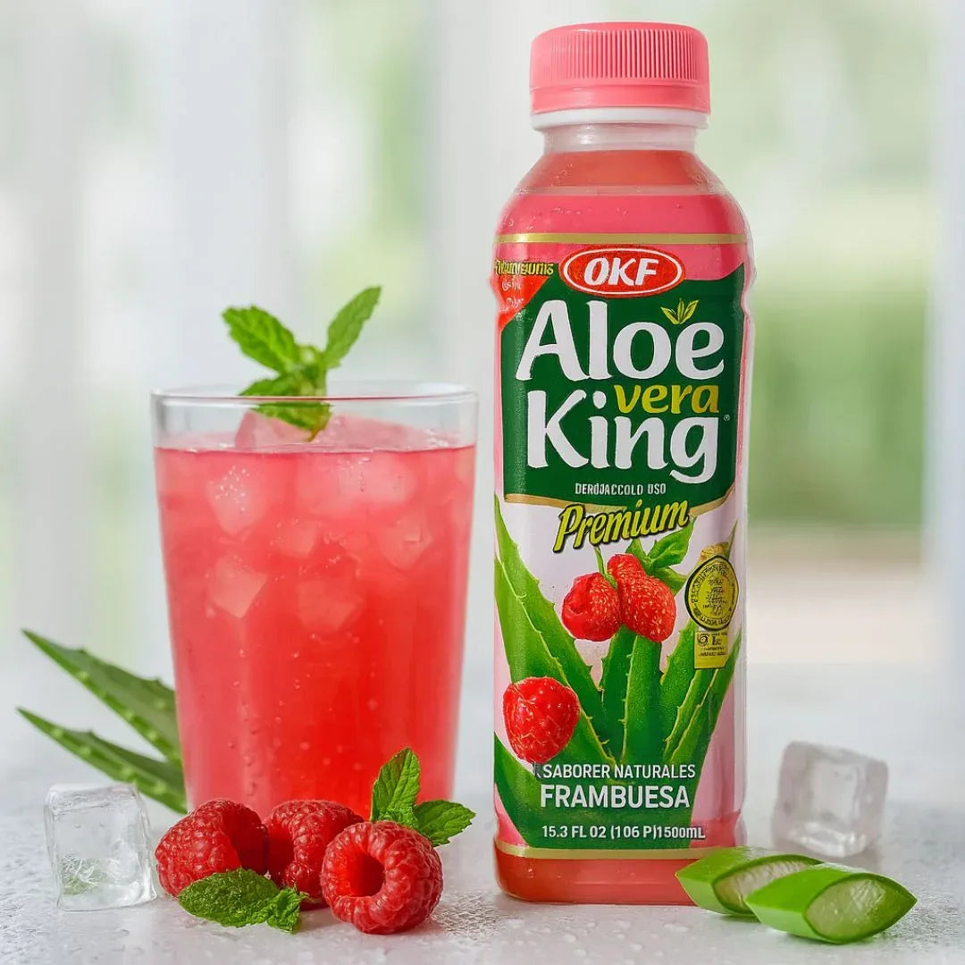 OKF Aloe Vera King Raspberry Drink | 500ml - Tart Sweet Berry Juice Beverage with Real Aloe Vera Pulp Gel, Premium Hydration | South Africa | India Bazaar