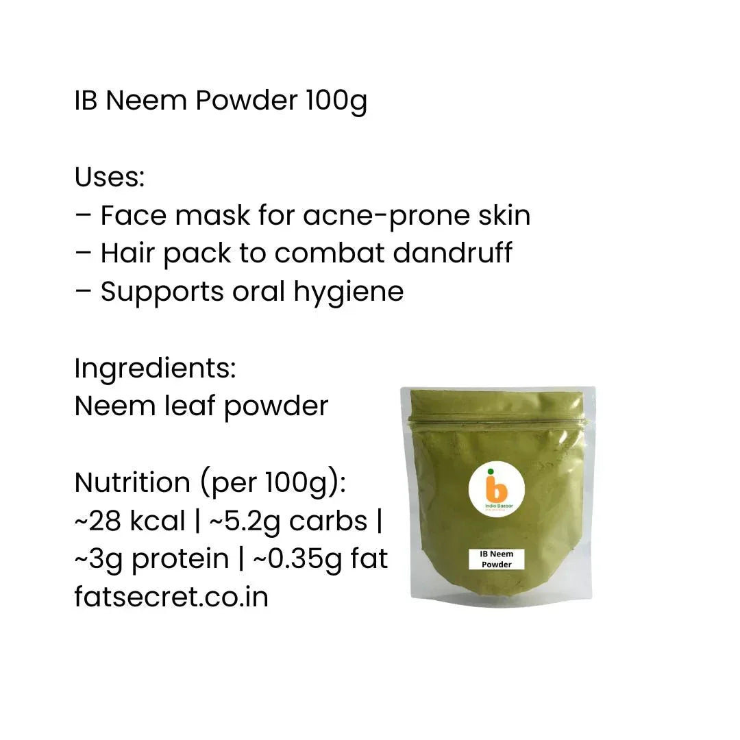 IB Neem Powder (Margosa Herb Leaf Dust) | 100g - 100% Natural Ayurvedic Detoxifier for Clear Glowing Skin Masks & Scalp Anti-Dandruff Therapy | South Africa | India Bazaar