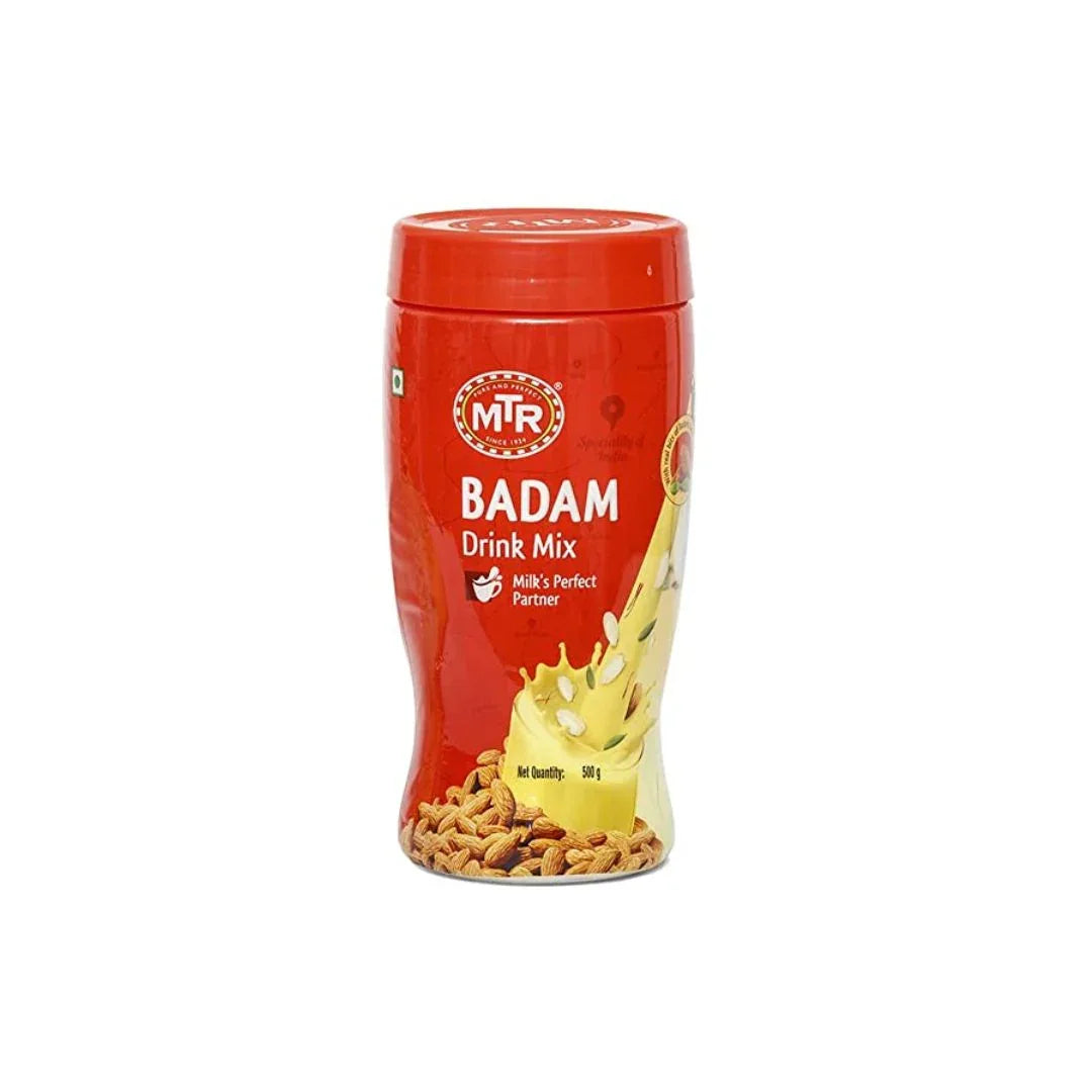 MTR Badam Drink Mix (Almond Milk Elixir Premix) | 500g Tin - Rich Saffron & Cardamom Infused Real Nut Powder for Cold Summer Shakes & Hot Winter Milk | South Africa | India Bazaar