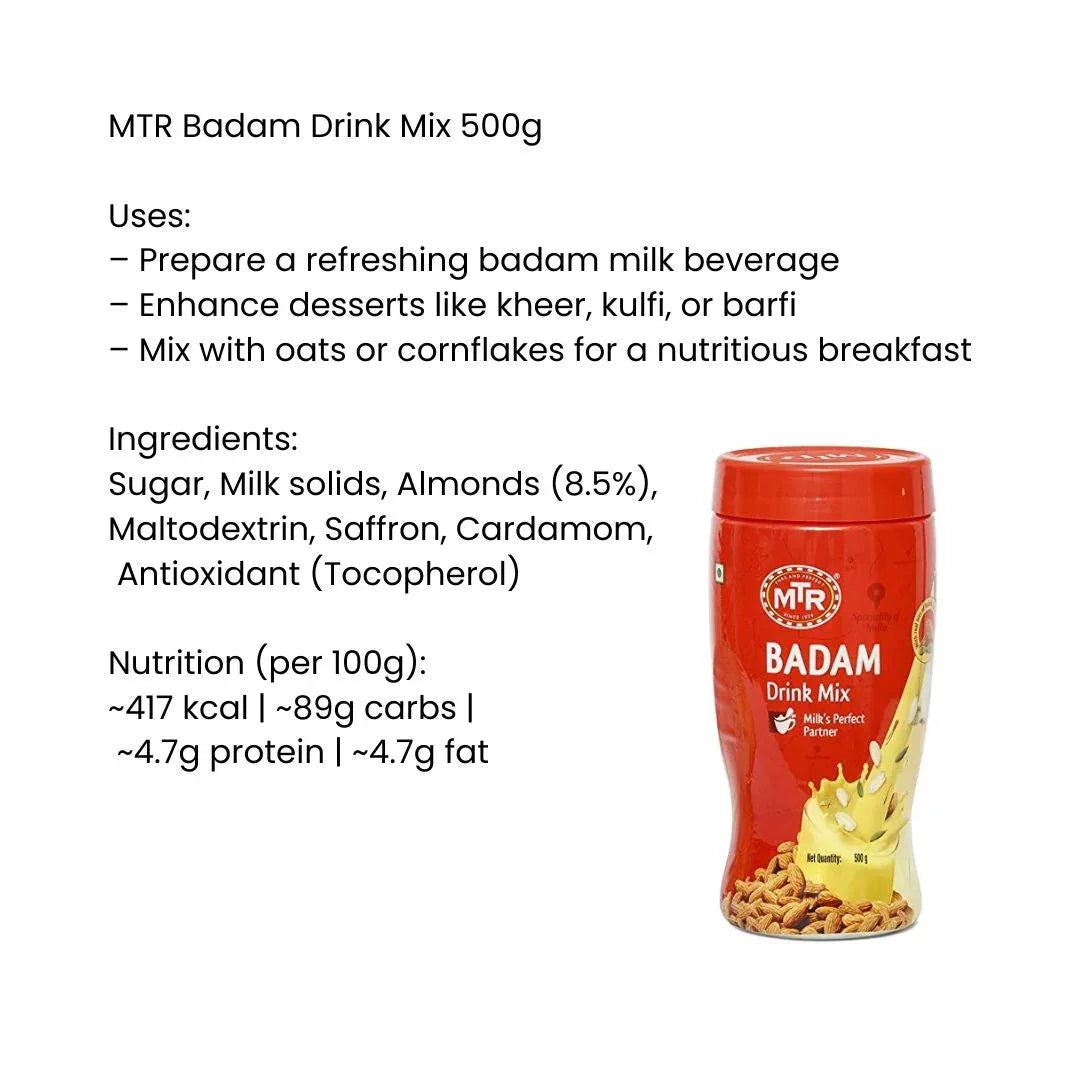 MTR Badam Drink Mix (Almond Milk Elixir Premix) | 500g Tin - Rich Saffron & Cardamom Infused Real Nut Powder for Cold Summer Shakes & Hot Winter Milk | South Africa | India Bazaar