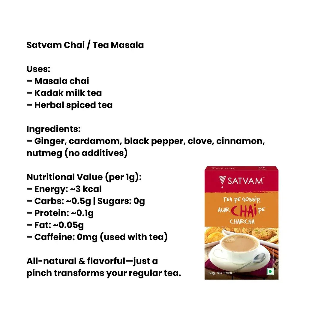 Satvam Chai Tea Masala (Spiced Milk Tea Powder) | 100g - Warming Ginger, Cardamom & Pepper Blend for Authentic Refreshing Indian Masala Chai | South Africa | India Bazaar