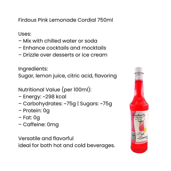 Firdous Pink Lemonade Cordial 750ml |BB:14.JUN.2026