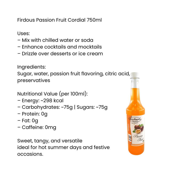 Firdous Passion Fruit Cordial 750ml |BB:02.APR.2027