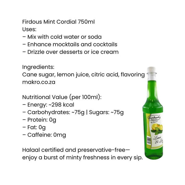 Firdous Mint Cordial 750ml |BB:02.APR.2026