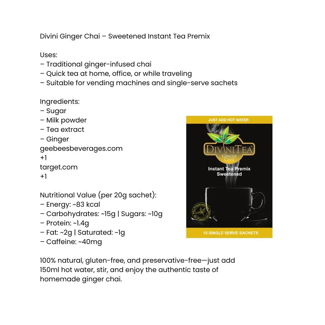 Divini Ginger Chai (Adrak Tea) | 220g - Sweetened Instant Tea Premix for Immunity & Quick Energy, Warming Bold Flavor | South Africa | India Bazaar