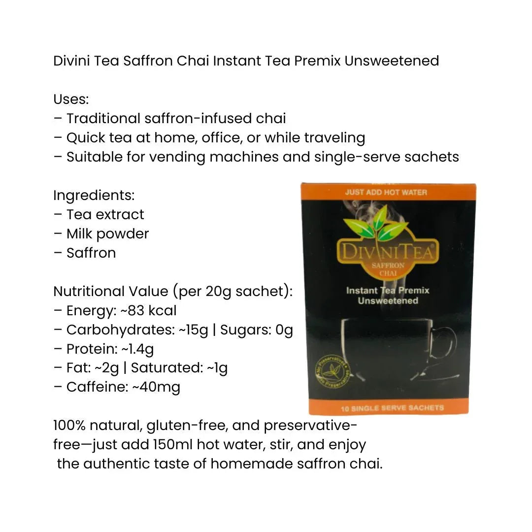 Divini Tea Saffron Chai Instant Tea Premix Unsweetened (Zafran Chai Sugar-Free) | 160g - Diabetic-Friendly 3-in-1 Saffron Milk Tea, Instant Hot Refreshment | South Africa | India Bazaar