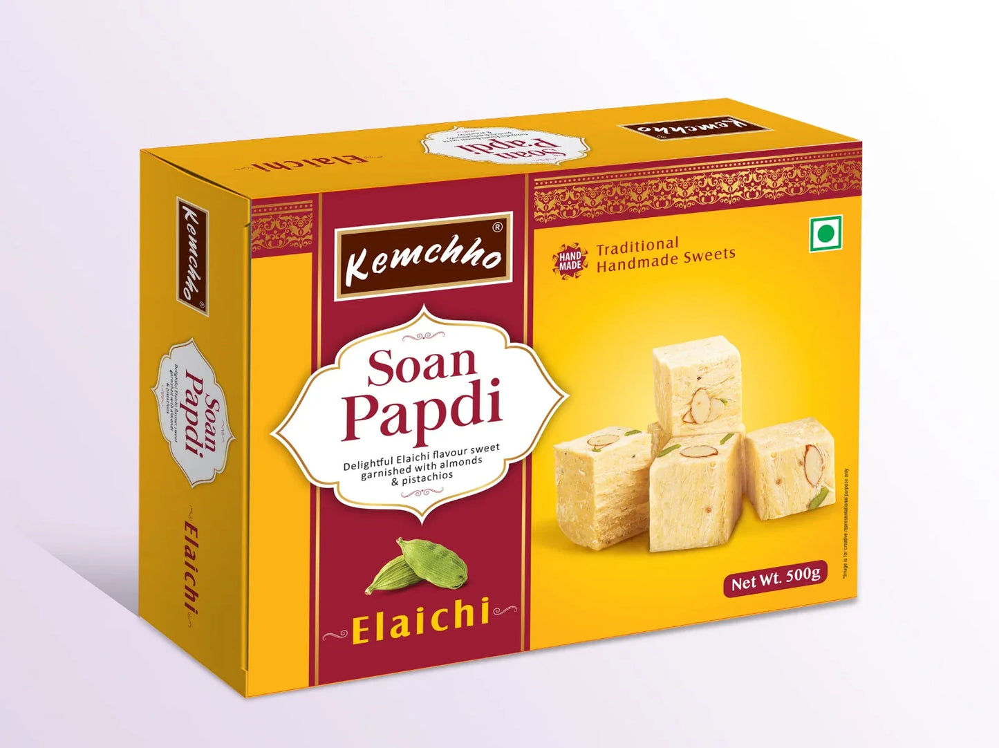 Kemchho Elaichi Soan Papdi Handmade Sweet (Meethi Son Papdi) | 250g - Flaky Melt-in-Mouth Cardamom Flavor Cotton Candy Disc | Premium Traditional Festive Indian Dessert & Sweet Gifting | South Africa | India Bazaar