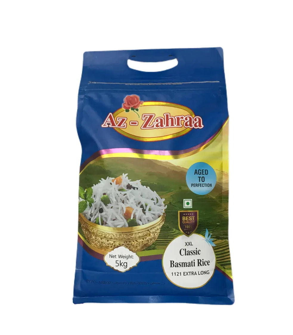 Az Zahraa Classic Extra Long Basmati Rice (Premium Chawal) | 5kg - Aged Aromatic Slender Grain for Luxury Large-Batch Biryanis, Fluffy Non-Sticky Texture | South Africa | India Bazaar