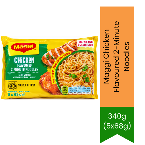 Maggi Chicken Flavoured 2-Minute Noodles | 340g (5x68g) - Quick Snack | Savory Spiced Chicken Taste & Instant Convenience | South Africa | India Bazaar
