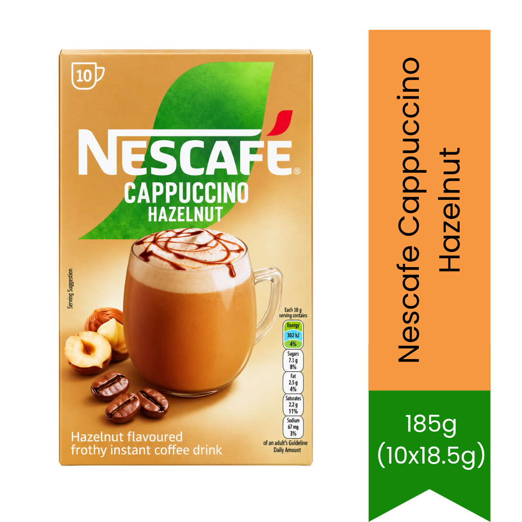 Nescafe Cappuccino Hazelnut | 185g (10x18.5g) - Flavoured Instant Coffee | Indulgent Espresso Blend with Smooth Nutty Flavor & Froth | South Africa | India Bazaar