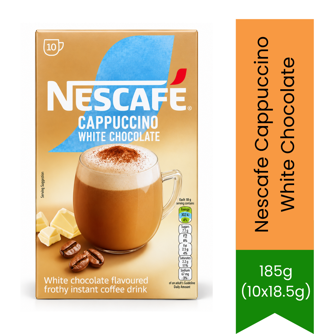 Nescafe Cappuccino White Chocolate | 185g (10x18.5g) - Instant Coffee | Creamy Sweet White Choc Flavor with Silky Froth Layer | South Africa | India Bazaar