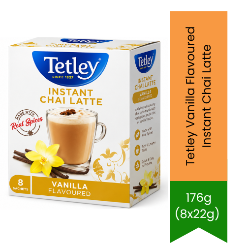 Tetley Vanilla Flavoured Instant Chai Latte | 8 Sachets - Spiced Tea Drink | Smooth Creamy Blend with Sweet Fragrant Vanilla Accent | South Africa | India Bazaar