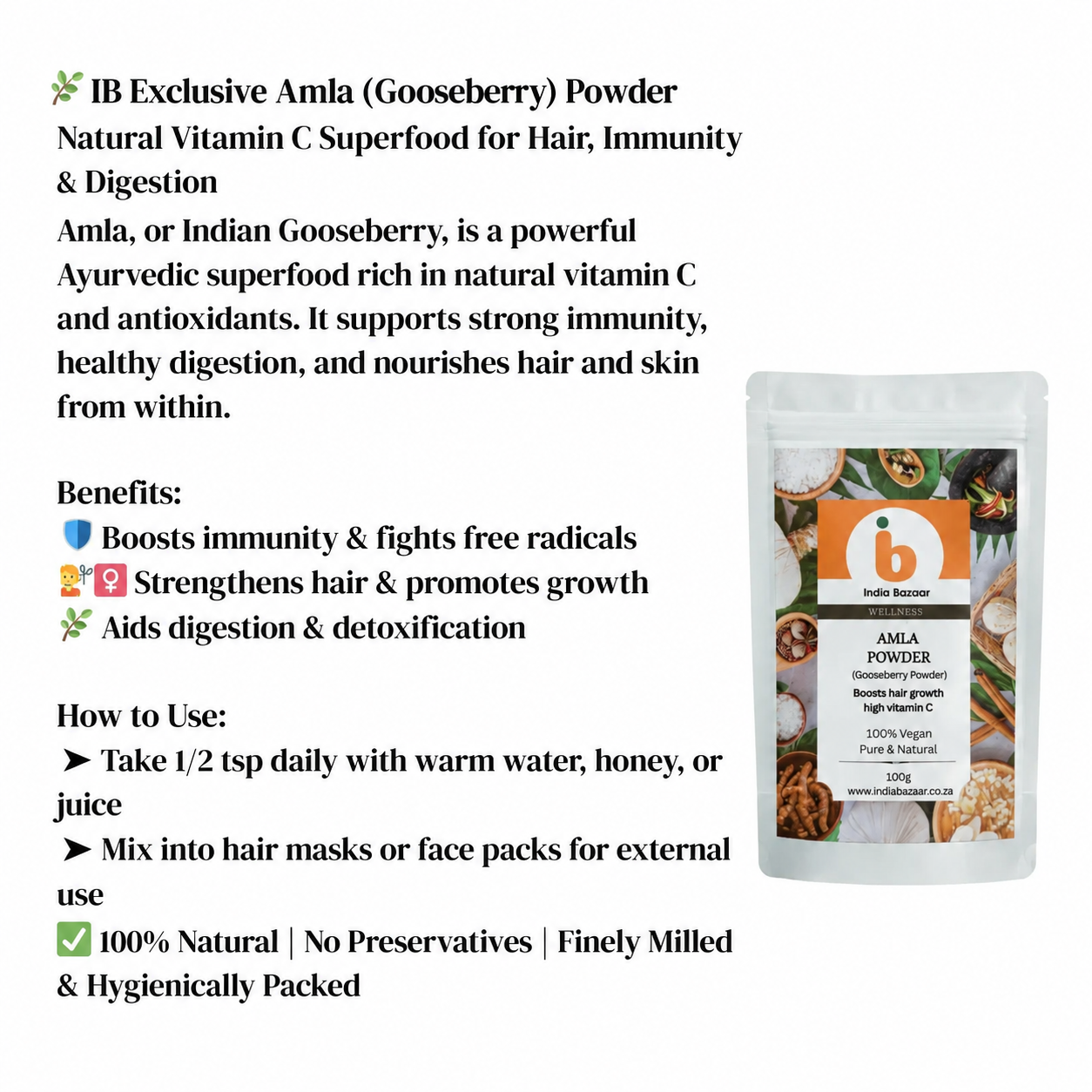 IB Wellness Amla Gooseberry Powder Vitamin C Superfood (Amla Powder) | 100g - Raw Finely Ground Botanical Ingredient for Hair Rejuvenation Masks, Immune Boosting Drinks & Smoothies | South Africa | India Bazaar