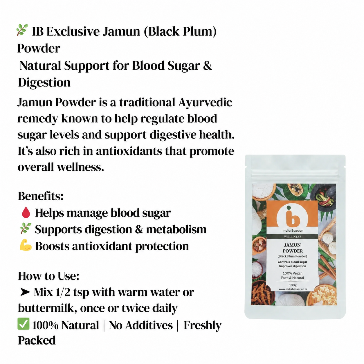 IB Wellness Jamun Black Plum Seed Powder (Jamun Bija Powder) | 100g - Natural Sugar Management Support & Antioxidant-Rich Superfood for Daily Glycemic Health | South Africa | India Bazaar