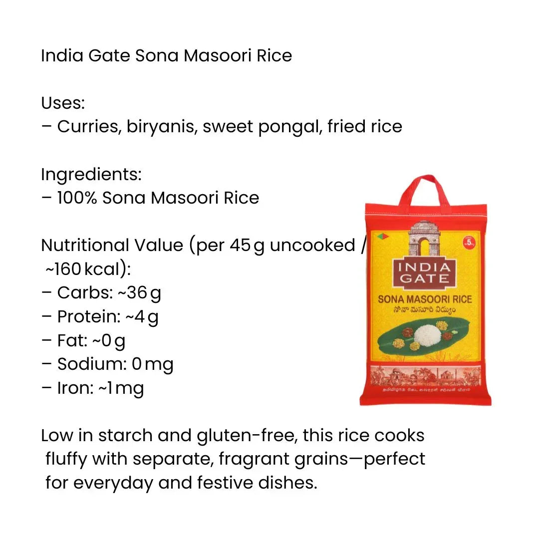 India Gate Sona Masoori Rice 5kg(RED BAG)